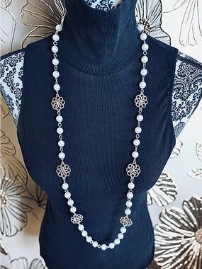 Flowers and Pearls Long Station Statement Necklace.